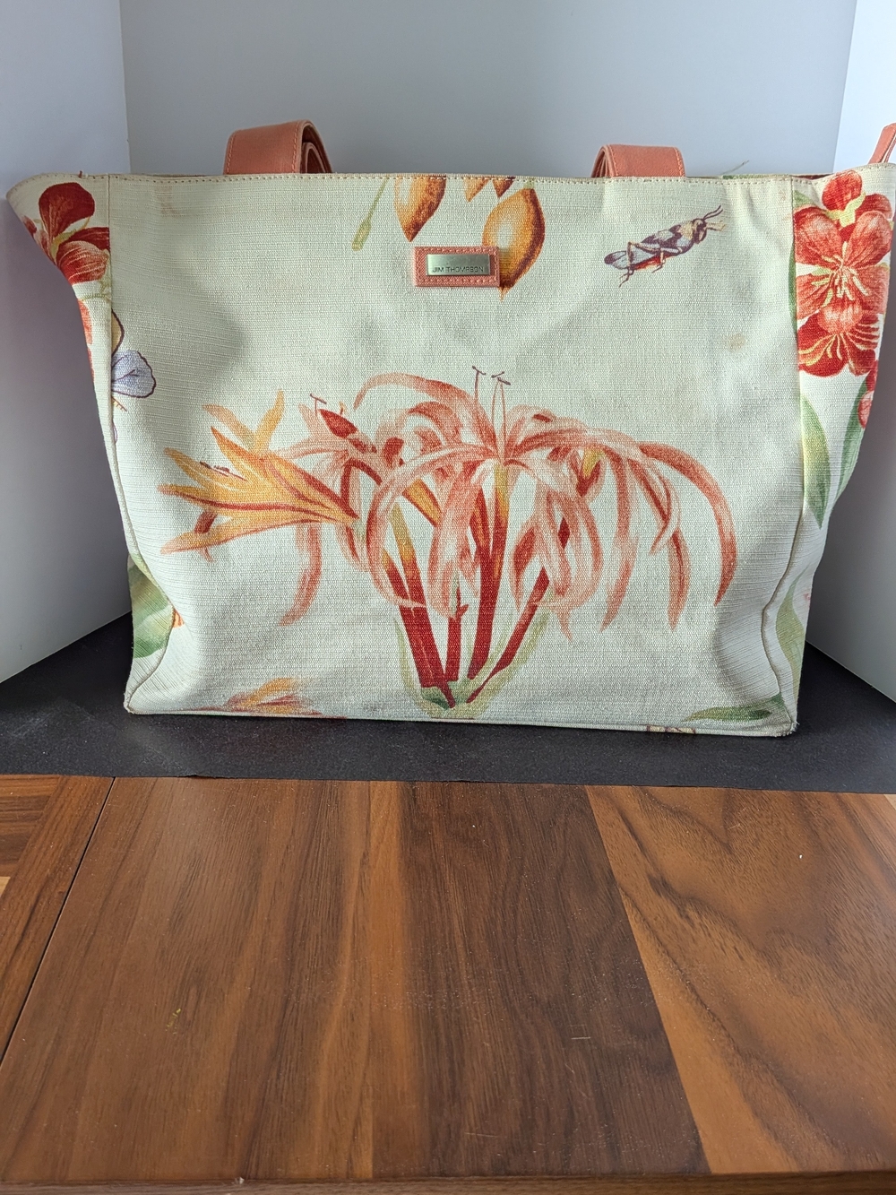 Jim Thompson Canvas Tote Bag Cream Orange Floral Botanical Cricket Print